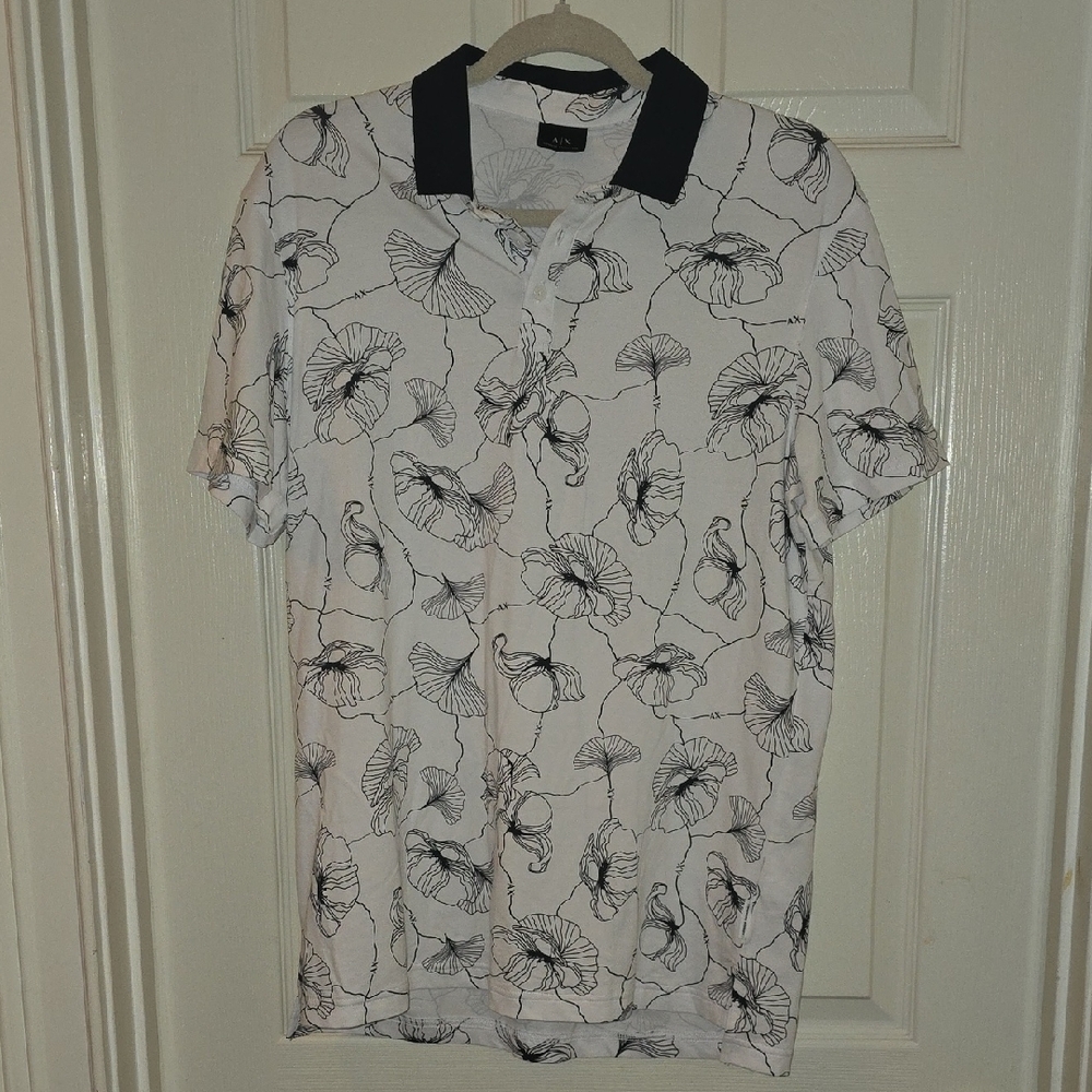 Armani Exchange Mens Black and White Floral Polo